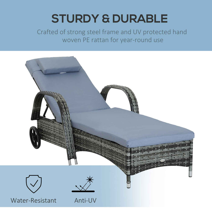 Rattan Garden Sun Lounger - Adjustable Reclining Outdoor Patio Bed with Wicker Weave & Headrest, Grey - Ideal for Relaxing in Your Backyard