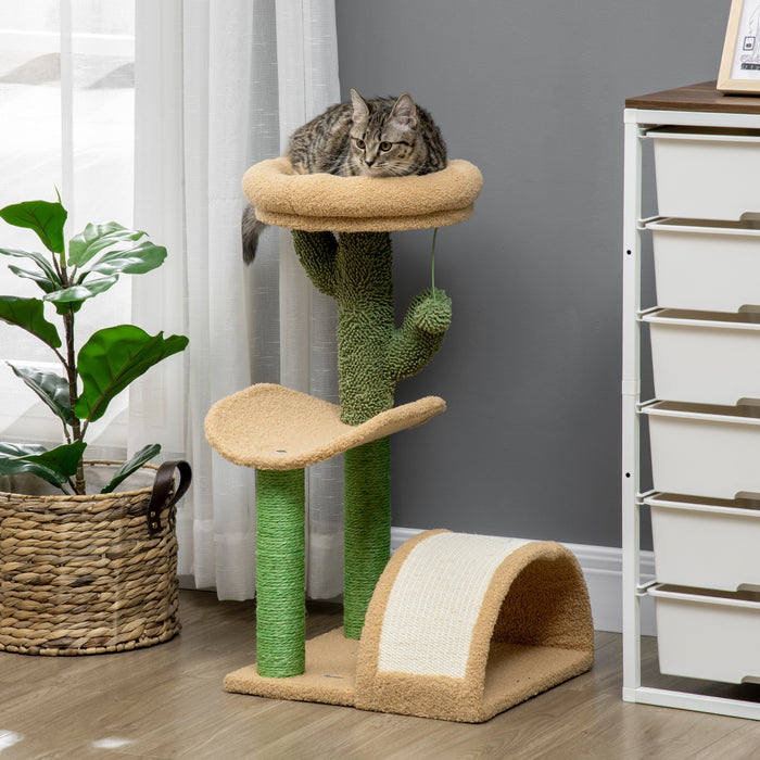 Wooden Cat Climbing Tower with Play Ball - 72cm Kitty Activity Center with Sisal Scratching Post & Cozy Bed - Ideal for Playful Cats and Scratch Training