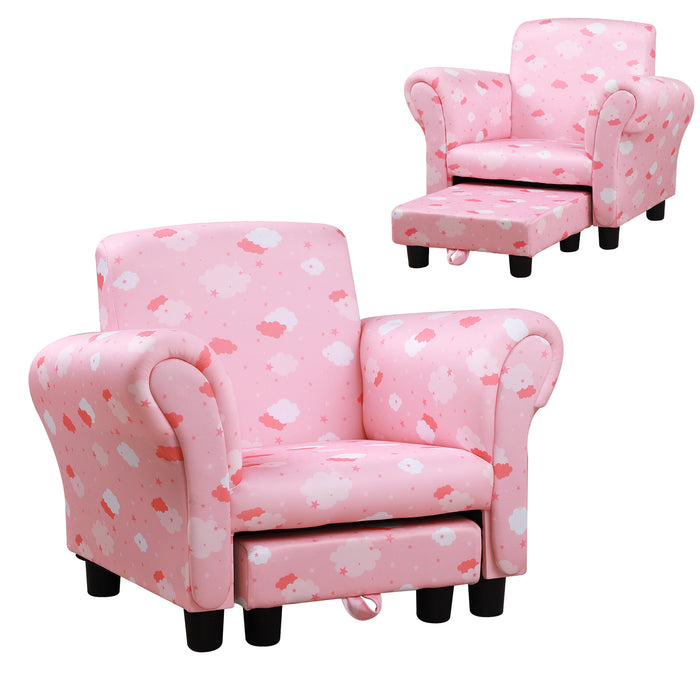 Kids' Mini Sofa Armchair with Footrest - Sturdy Wood Frame and Anti-Slip Legs, High Back, Pink Cloud and Star Design - Perfect for Bedroom or Playroom Furniture