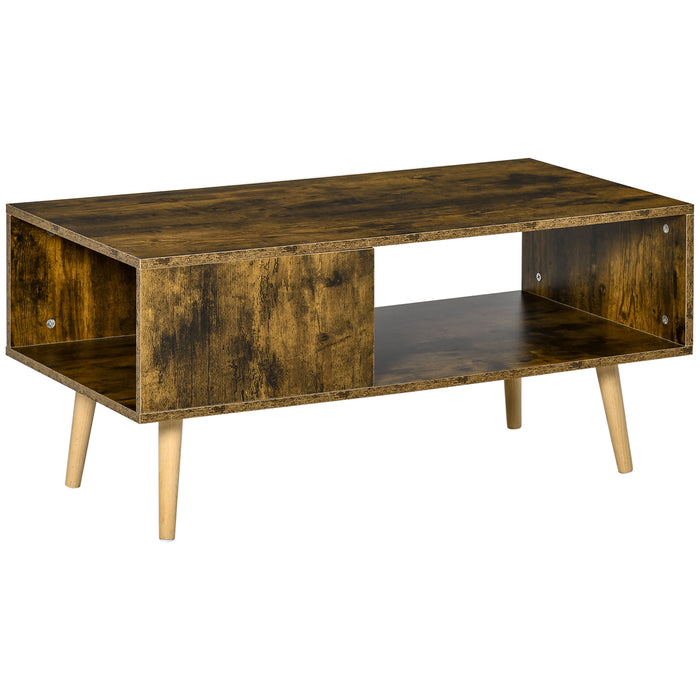 Open Shelf Coffee Table - Retro Cocktail Table with Solid Wood Legs, Rustic Brown Finish - Stylish Living Room Furniture with Storage Space