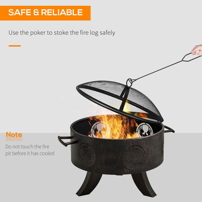 Outdoor Patio Fire Pit Heater - Charcoal & Log Wood Burning Bowl with Protective Screen Cover - Includes Fire Poker, Ideal for Backyard Ambiance & Warmth