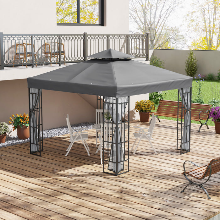 Patio Gazebo Canopy 3x3m with 2-Tier Roof - Outdoor Garden Pavilion Tent Shelter & Mosquito Netting, Steel Frame - Ideal for Backyard Relaxation and Entertaining, Grey