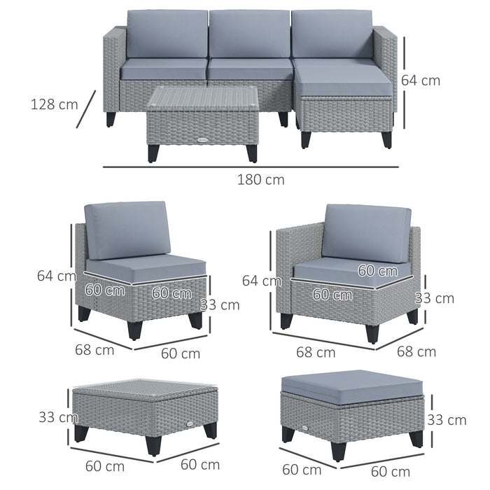 5-Piece Rattan Patio Furniture Set - Corner Sofa, Footstools & Coffee Table in Grey - Ideal for Poolside Lounging and Entertainment