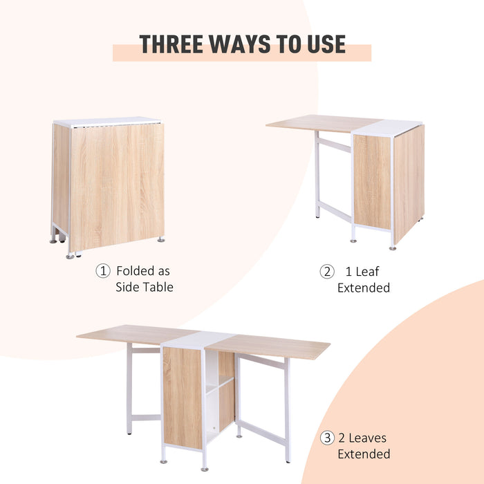 Foldable Oak & White Dining Table - Space-Saving Workstation with Storage Shelves - Ideal for Small Apartments & Studios