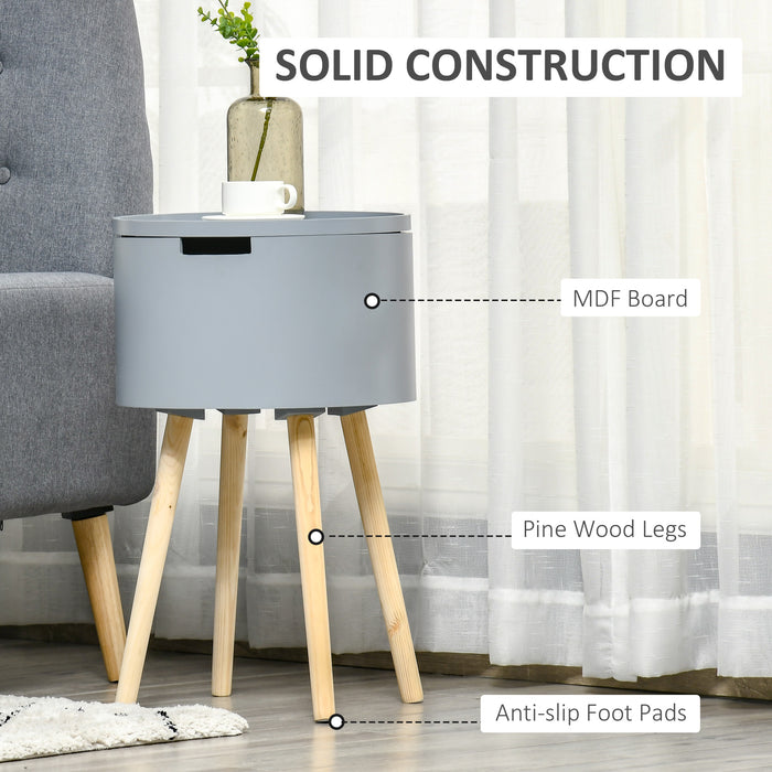 Modern Round Side Table with Hidden Storage - Wood Nightstand with Removable Tray, Grey - Ideal for Living Room or Children's Room Organization