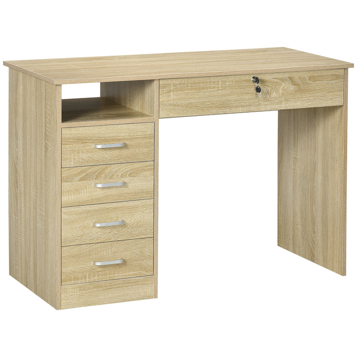 Oak-Finished Computer Desk - Home Office Workstation with Lockable Drawer and Storage Shelf - Ideal for Study and Bedroom Use