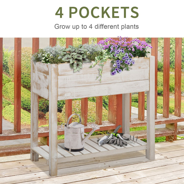 Elevated 2-Tier Wooden Planter Bed with 4 Pockets - Sturdy Raised Garden Box for Vegetables, Flowers, and Herbs - Ideal for Backyard and Patio Gardening in White