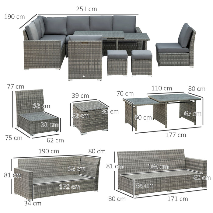 7 Piece Rattan Garden Set - 10-Seater Sectional Sofa, Cushioned Seats, Footstools & Expandable Glass Table - Ideal for Outdoor Entertainment, Yard or Patio Use