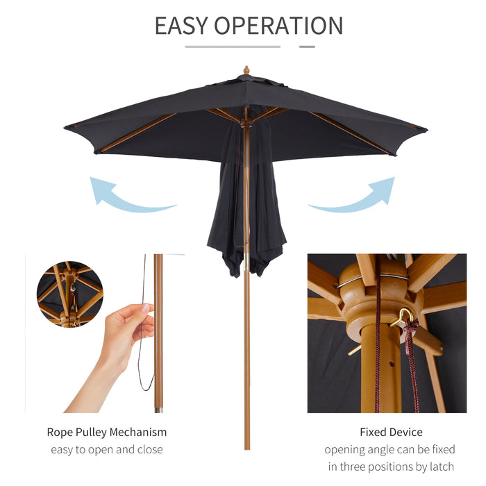 Wooden Garden Patio Umbrella 2.5m - Weather-Resistant Outdoor Parasol in Elegant Black - Ideal Sunshade for Backyard Comfort & UV Protection