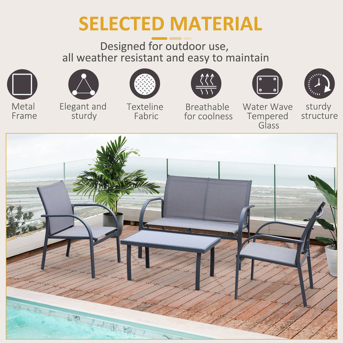 Curved 4-Piece Patio Conversation Set - Steel Frame with Grey Texteline Loveseat and Glass Top Coffee Table - Ideal for Outdoor Parties and Events