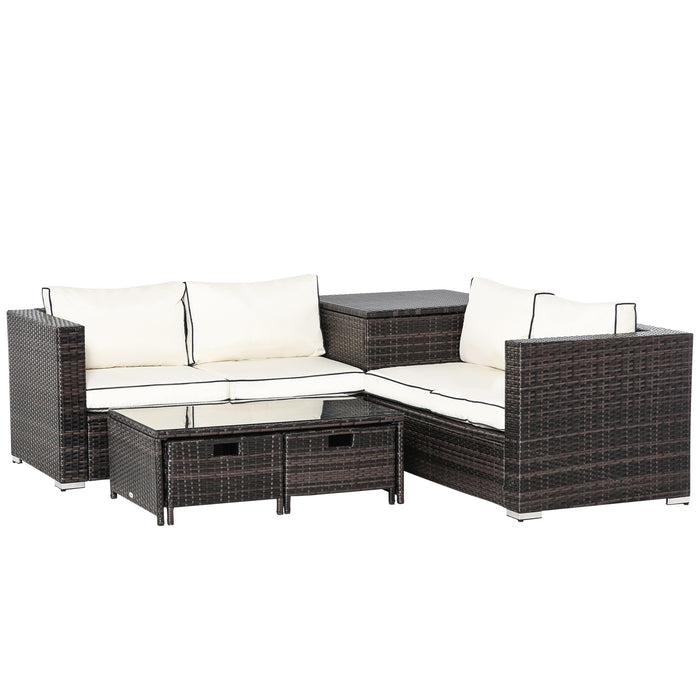 4-Seater Rattan Garden Furniture Set - Patio Corner Sofa with Storage & Coffee Table with 2 Drawers - Weather-Resilient Outdoor Seating for Family and Entertaining