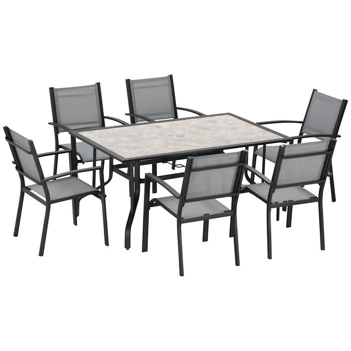 7 Piece Garden Dining Set - Outdoor Patio Furniture with Armchairs, Parasol Hole Table, Texteline Seats - Perfect 6 Seater Set for Backyard Comfort, Grey