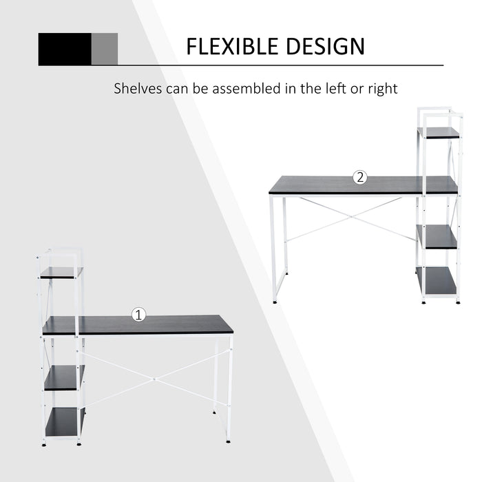 4-Tier Bookshelf Computer Desk - Sturdy Metal Frame with Wooden Top, Space-Saving PC Table for Study and Work - Ideal for Home Office Organization and Storage, Black & White Design