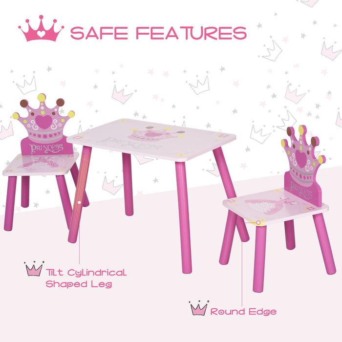 Crown-Themed Kids Wooden Furniture Set - 3-Piece Pink Table and Chair Set with Easy Clean Surface - Ideal for Girls and Toddlers Aged 3-8 Years