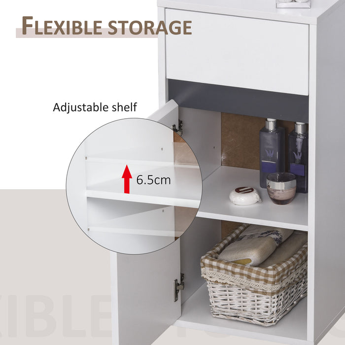 Minimalistic Bathroom Storage Solution - Freestanding Cabinet with Drawer, Cupboard & Adjustable Shelf - Sleek Organizer for Space Optimization in White