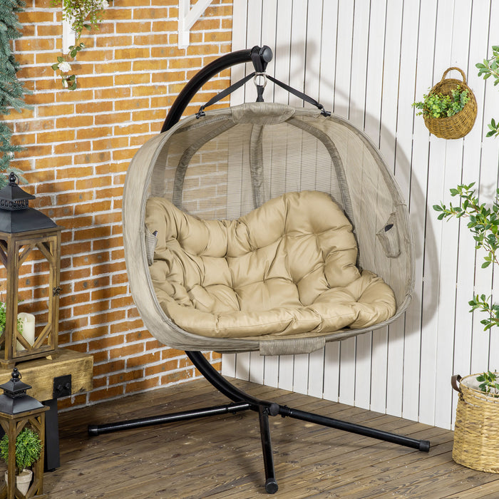 Double Hanging Egg Chair - 2-Person Patio Swing with Cushion and Foldable Stand - Ideal for Indoor/Outdoor Relaxation, Brown