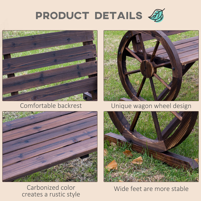 2-Seater Wooden Garden Bench with Rustic Wagon Wheel Design - High Back, Brown Outdoor Seating - Ideal for Patio Decor and Relaxation