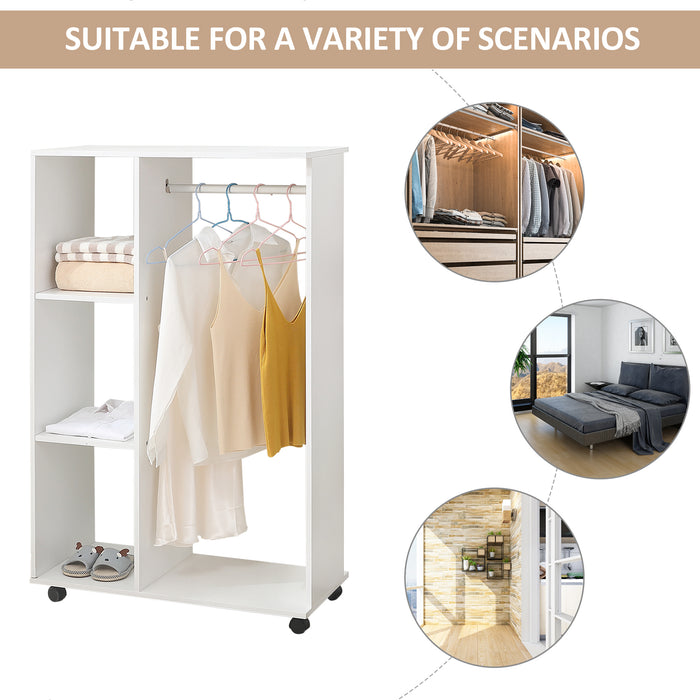 Open Wardrobe with Hanging Rail - Wheeled Storage Unit with Shelves for Bedroom - Versatile Organizing Solution in White