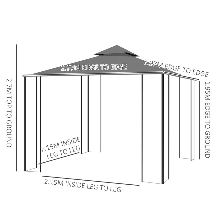 Patio Gazebo Canopy 3x3m with 2-Tier Roof - Outdoor Garden Pavilion Tent Shelter & Mosquito Netting, Steel Frame - Ideal for Backyard Relaxation and Entertaining, Grey