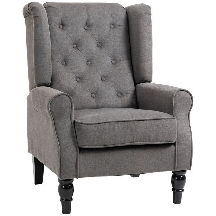 Retro Wingback Armchair - Button Tufted Design with Sturdy Wood Frame, Dark Grey - Elegant Lounge Seating for Living Room or Bedroom