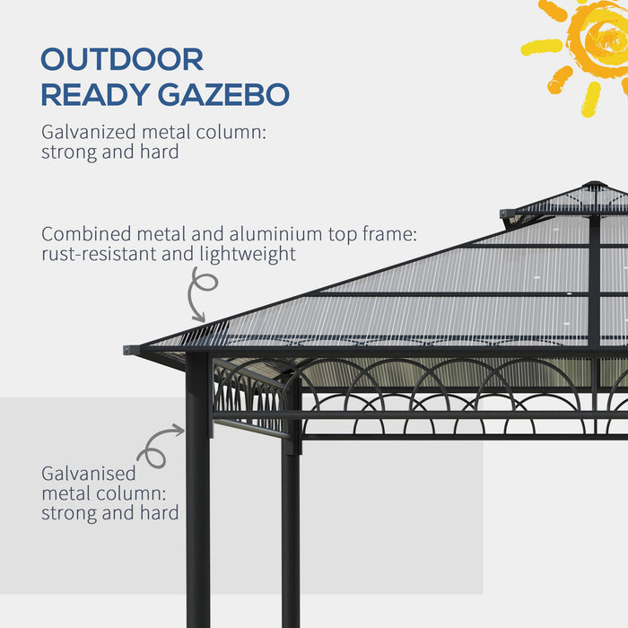 Outdoor Polycarbonate Gazebo 3x3m - Double Roof Hardtop with Galvanized Steel Frame - Includes Nettings & Curtains for All-Weather Protection