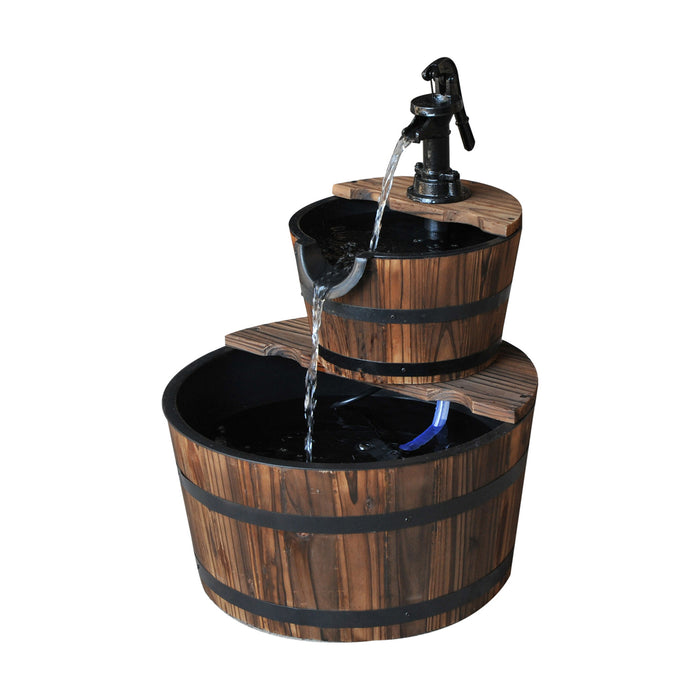 Rustic Barrel-Designed Water Fountain - Wooden 2-Tier Cascading Water Pump Feature for Gardens and Decks - Outdoor Relaxation and Ambient Decor