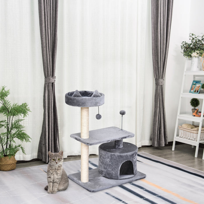 3-Tier Cat Tree with Sisal Rope Scratching Posts and Hanging Toys - Durable Grey Feline Activity Center - Ideal for Claw Maintenance and Play