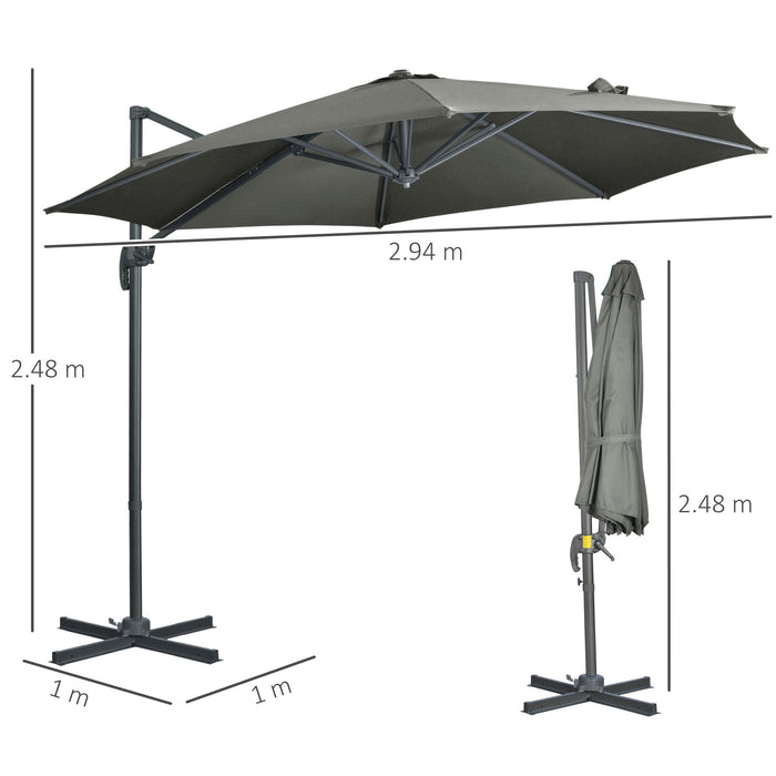 Cantilever Parasol with Cross Base - 3x3m Garden Umbrella with 360° Rotation and Tilt Feature, Grey - Ideal for Patio & Outdoor Shade