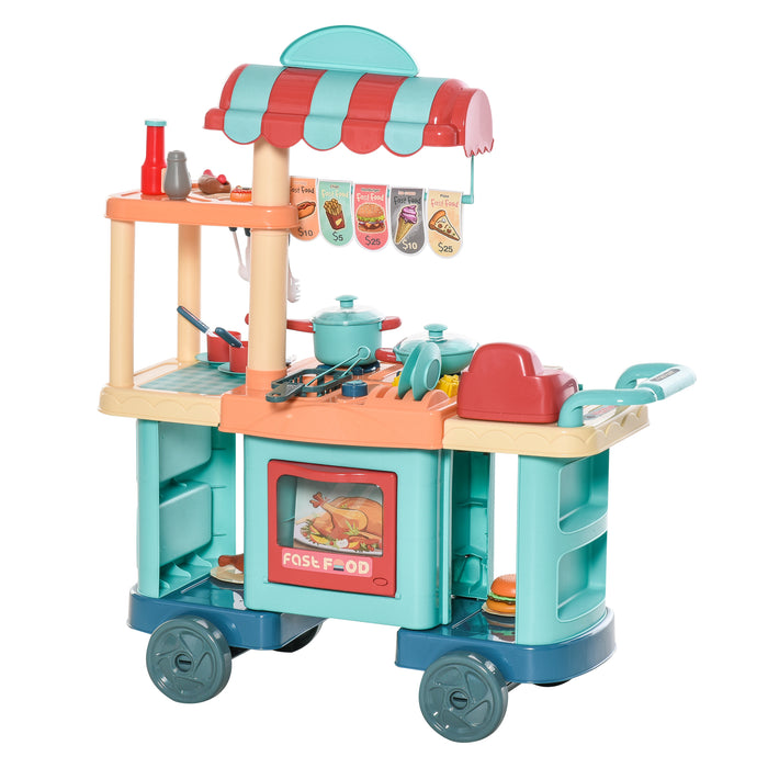 Kids Kitchen Playset Trolley with Accessories - 50 Pcs Child-Friendly Fast Food Cart with Play Food, Money, and Cash Register - Imaginative Play Gift for Ages 3-6