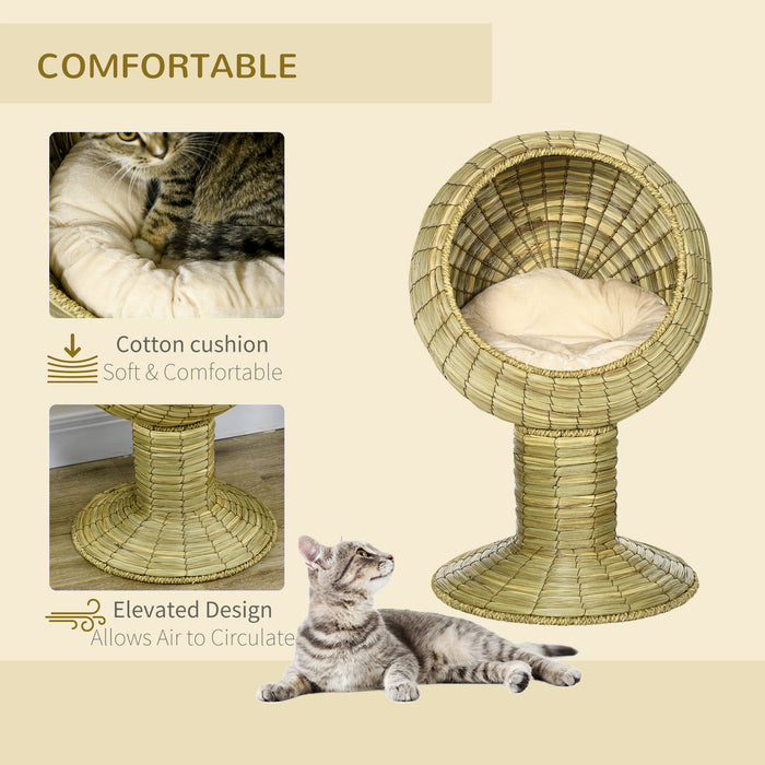 Natural Mat Grass Cat House with Cushion - Round Detachable Top Kitten Cave, Elevated Stand Design, Yellow - Ideal Cozy Retreat for Cats & Small Pets, Φ41 x 71.5 cm