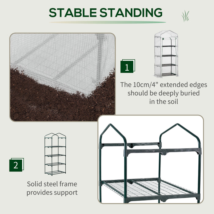 4 Tier Mini Greenhouse with Steel Frame - Portable PE Covered Garden Hot House with Roll-up Door - Ideal for Small Space Gardening & Seed Starting