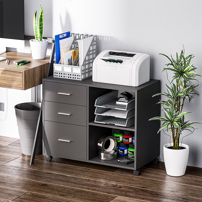 Office Desk Side Mobile Storage Unit - Freestanding Printer Stand with Wheels, 3 Drawers & 2 Open Shelves, Modern Style - Ideal for Organizing Office Supplies, 80x40x65 cm, Grey