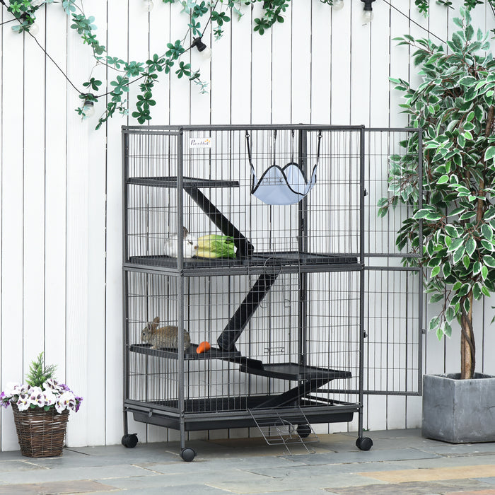 Mobile Small Pet Habitat - Chinchilla, Ferret & Kitten Enclosure with Hammocks and Removable Tray, Silver Grey - Easy Cleaning & Transportation