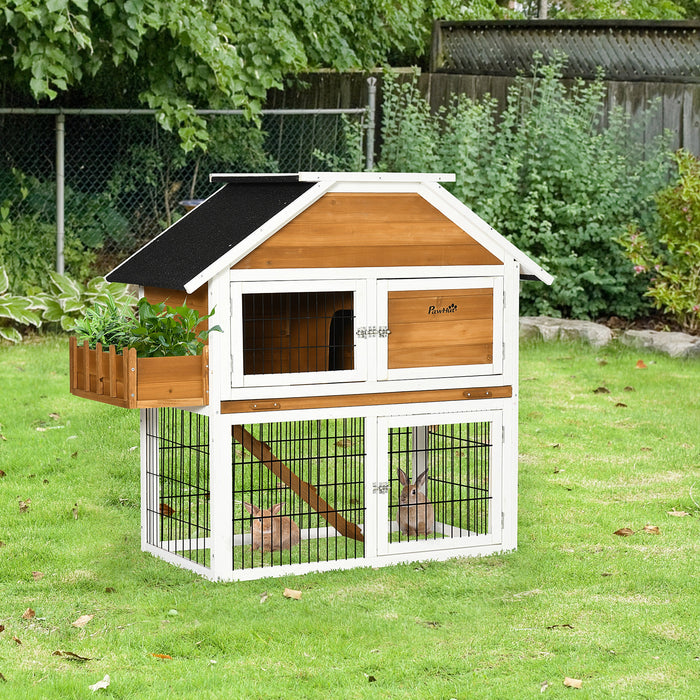 2-Tier Wooden Rabbit Hutch - Guinea Pig Cage with Bunny Run, Slide-out Tray, and Ramp, Plant Box - Ideal for Small Animal Pet Housing and Outdoor Garden Access, 123x58x106cm, Natural Finish