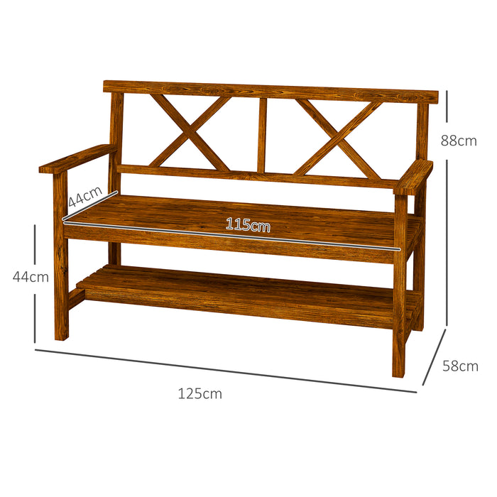 2-Seater Wooden Garden Bench with Storage - Outdoor Patio Bench with Backrest, Armrests, and Slat Seat - Carbonized Finish for Durability and Style