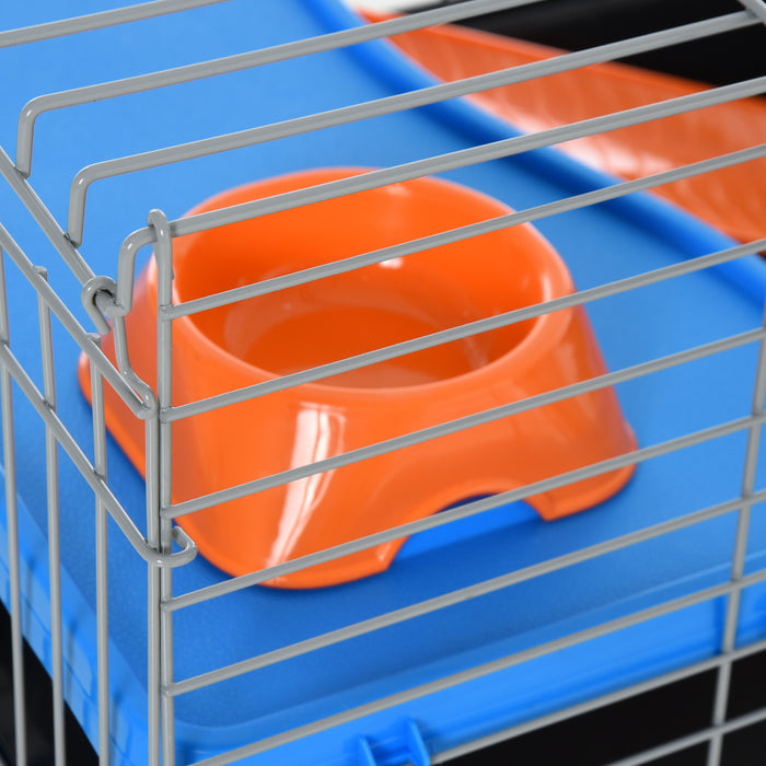 Small Animal 2-Tier Steel Cage with Accessories - Durable Habitat for Pets in Blue/Orange - Ideal for Hamsters, Gerbils, and Mice