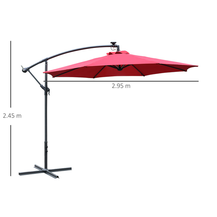 3M LED Cantilever Banana Umbrella - Steel & Aluminium Hanging Parasol with Crank, Cross Base, Offset Design - Ideal for Garden, Patio Table & Outdoor Red Shade