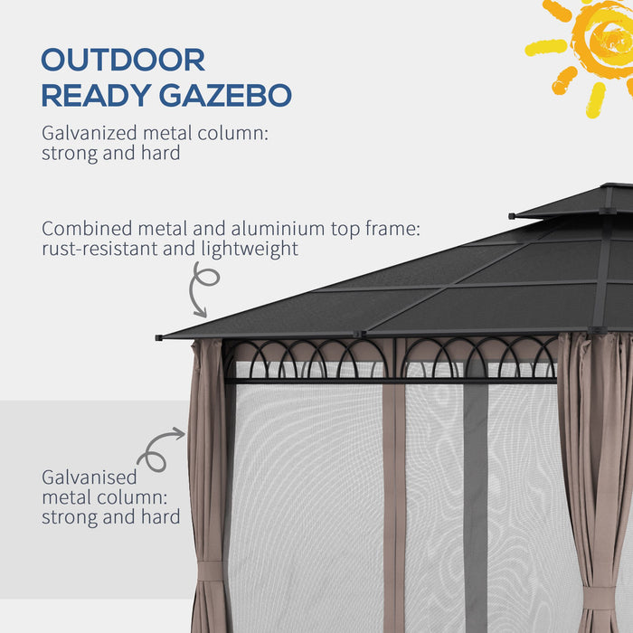 Outdoor Polycarbonate Gazebo 3.6x3m - Double Roof Hardtop Design with Nettings & Curtains - Elegant Shelter for Garden, Lawn, Patio Entertainment