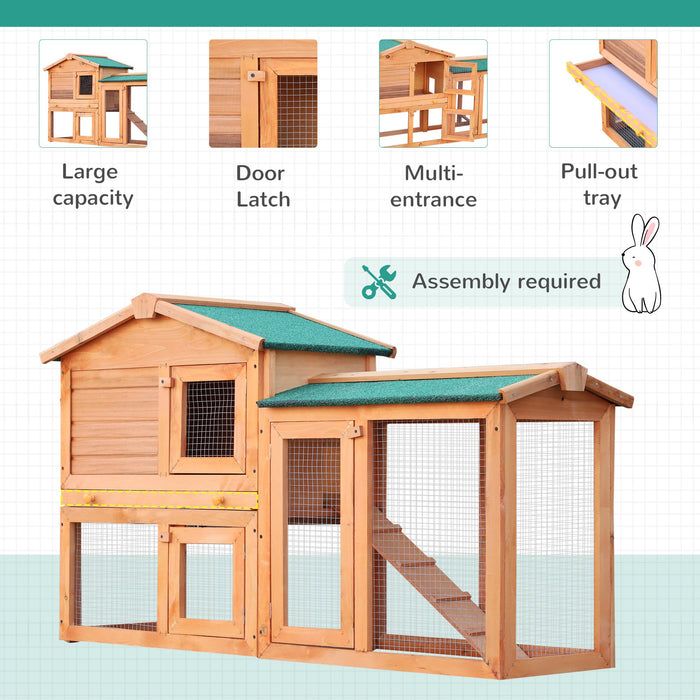 Rabbit Hutch with 2 Levels and Ramp - Durable Fir Wood Construction for Small Animals, Brown - Ideal Habitat for Rabbits and Small Pets