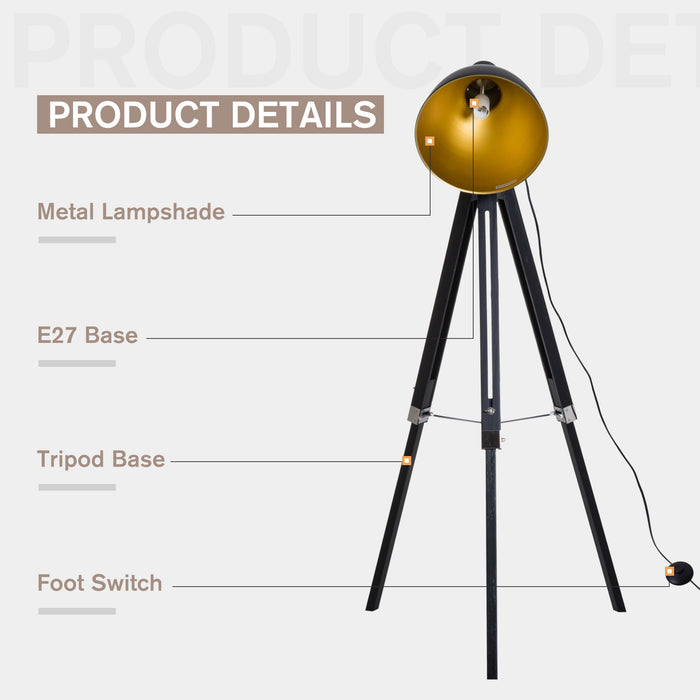 Tripod Spotlight Floor Lamp with Wooden Legs - Black and Gold Ø 30 cm Shade, 152cm Tall, Max 40W - Ideal for Studio Lighting and Home Ambiance