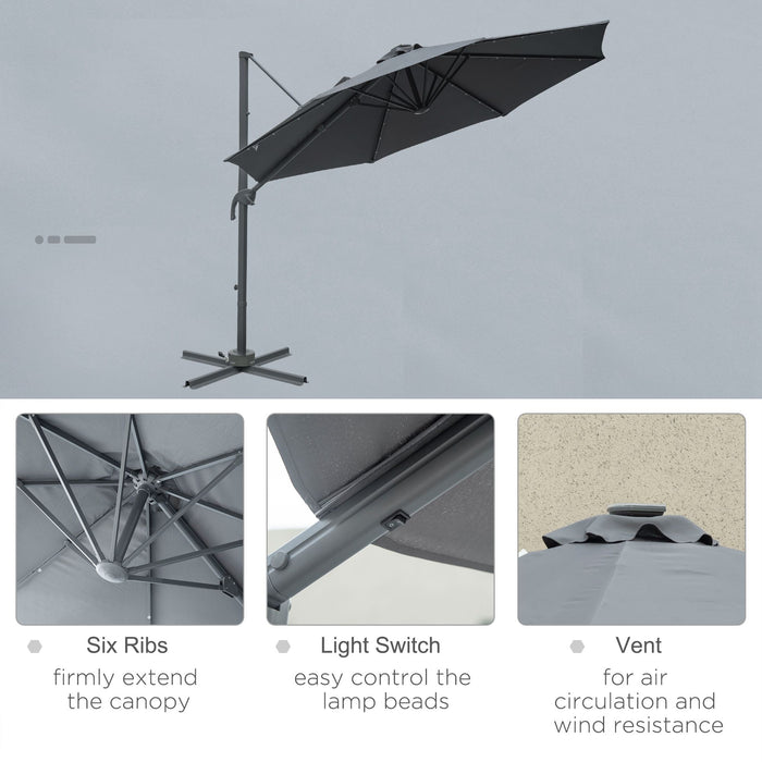 Outdoor Patio Sun Umbrella - 3m Grey Canopy with Crank, Tilt, LED Solar Lighting & Cross Base - 360° Rotation for Backyard Comfort and Entertaining