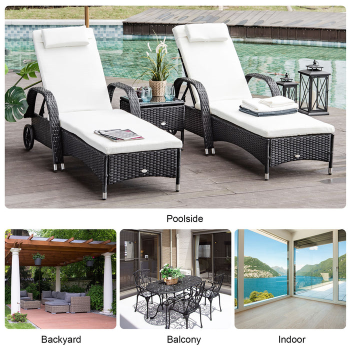 Patio Lounge Chair Set with Wheels - 3-Piece PE Rattan Recliner Daybed & Side Table with Cushions, Black - Ideal for Garden Relaxation and Outdoor Entertaining