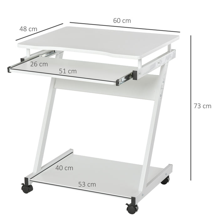 Compact Rolling Computer Desk - 4 Swivel Wheels, Slide-Out Keyboard Tray - Ideal for Home Office, Gaming, and Study Workstation in White