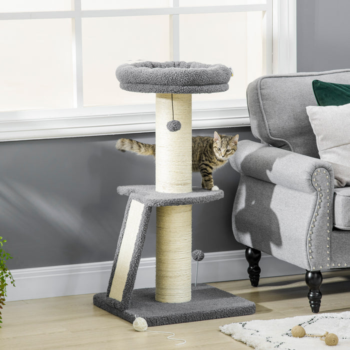 Deluxe Cat Tower with Multiple Scratching Posts - Plush Pad, Cozy Bed & Hanging Toy Ball, Dark Grey & Beige - Perfect Play Structure for Cats up to 6 Kg