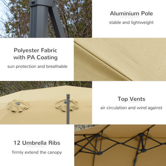 Large Double-Sided Patio Parasol 4.5m - Outdoor Rectangular Umbrella with Crank Handle and 360° Rotating Base, Khaki - Ideal Sunshade for Garden, Deck, and Bench Areas