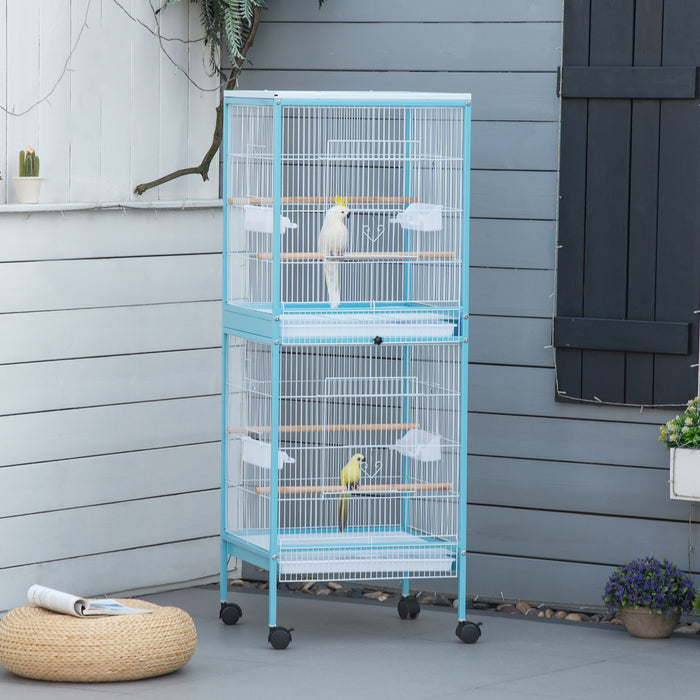 Large 2-in-1 Aviary Bird Cage with Wheels - Ideal for Finches, Canaries, Budgies - Includes Slide-out Trays, Wood Perch, and Food Containers