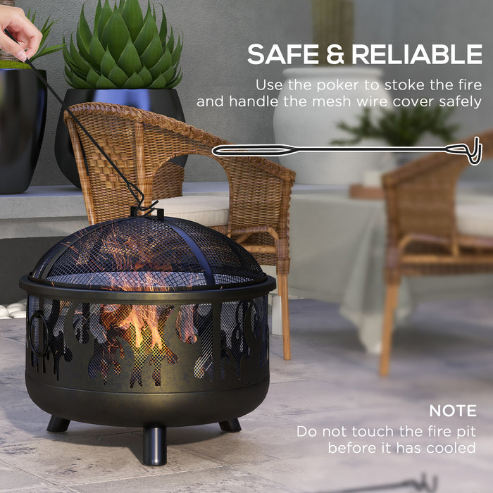 Outdoor Round Metal Firepit Bowl with Accessories - 2-in-1 Fire Pit Grill Combo with Lid, Poker & Handles - Ideal for Garden Camping, BBQs, Bonfires & Wood Burning