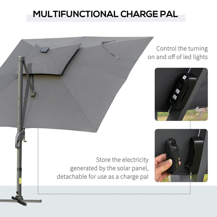 Cantilever Roma Parasol with LED Solar Light - 3x3m Outdoor Sun Umbrella with 360° Rotation and Cross Base - Ideal for Patio, Backyard in Dark Gray