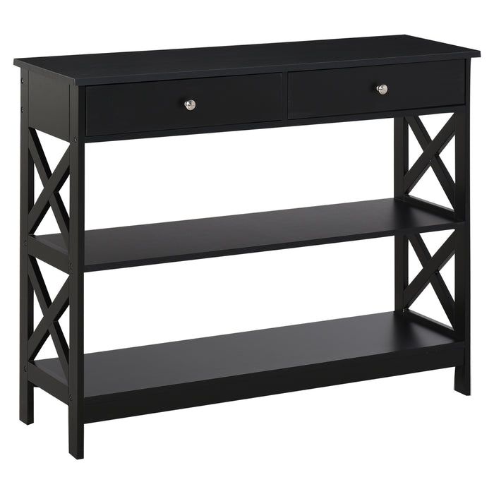 Console Table with X Support Frame - Modern Side Desk with Open Top, Shelves, and Drawers - Stylish Storage Solution for Living Room, Hallway, or Home Office