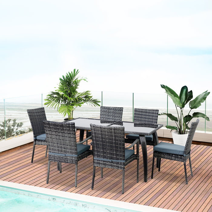 6-Seater Garden Dining Set - PE Rattan Wicker with Steel Frame, Large Glass Top Table & Curved Legs - Thick Cushions & Feet Pads, Outdoor Entertaining, Grey